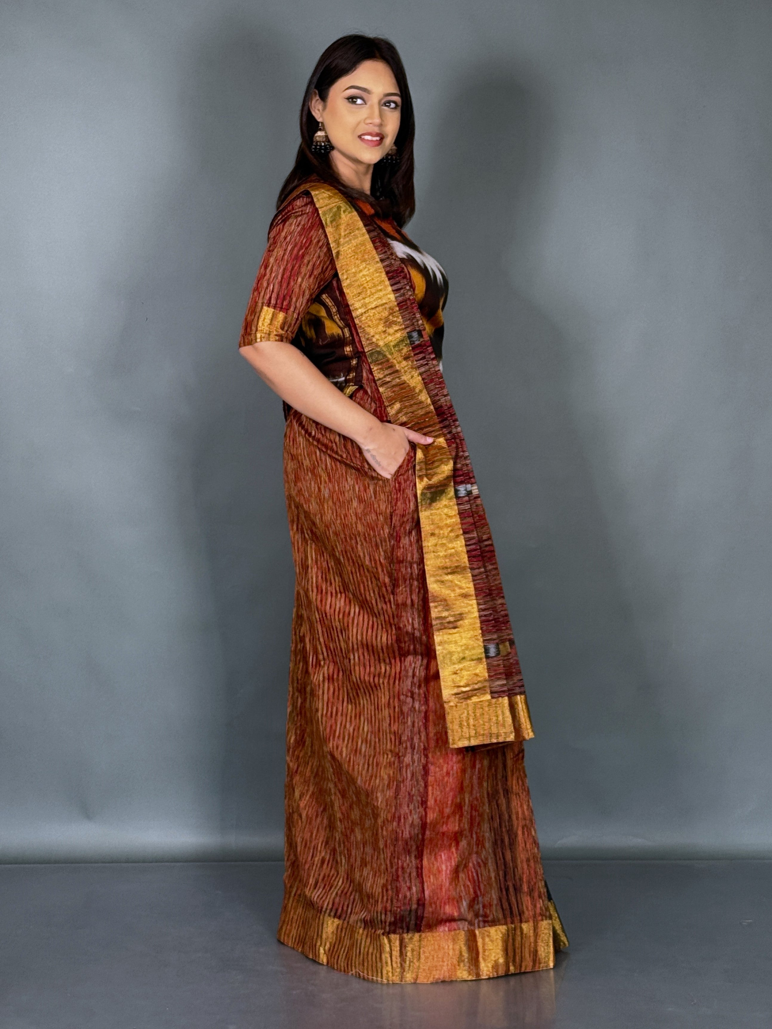 Rust Maroon Plus Size Ready to Wear Saree Set