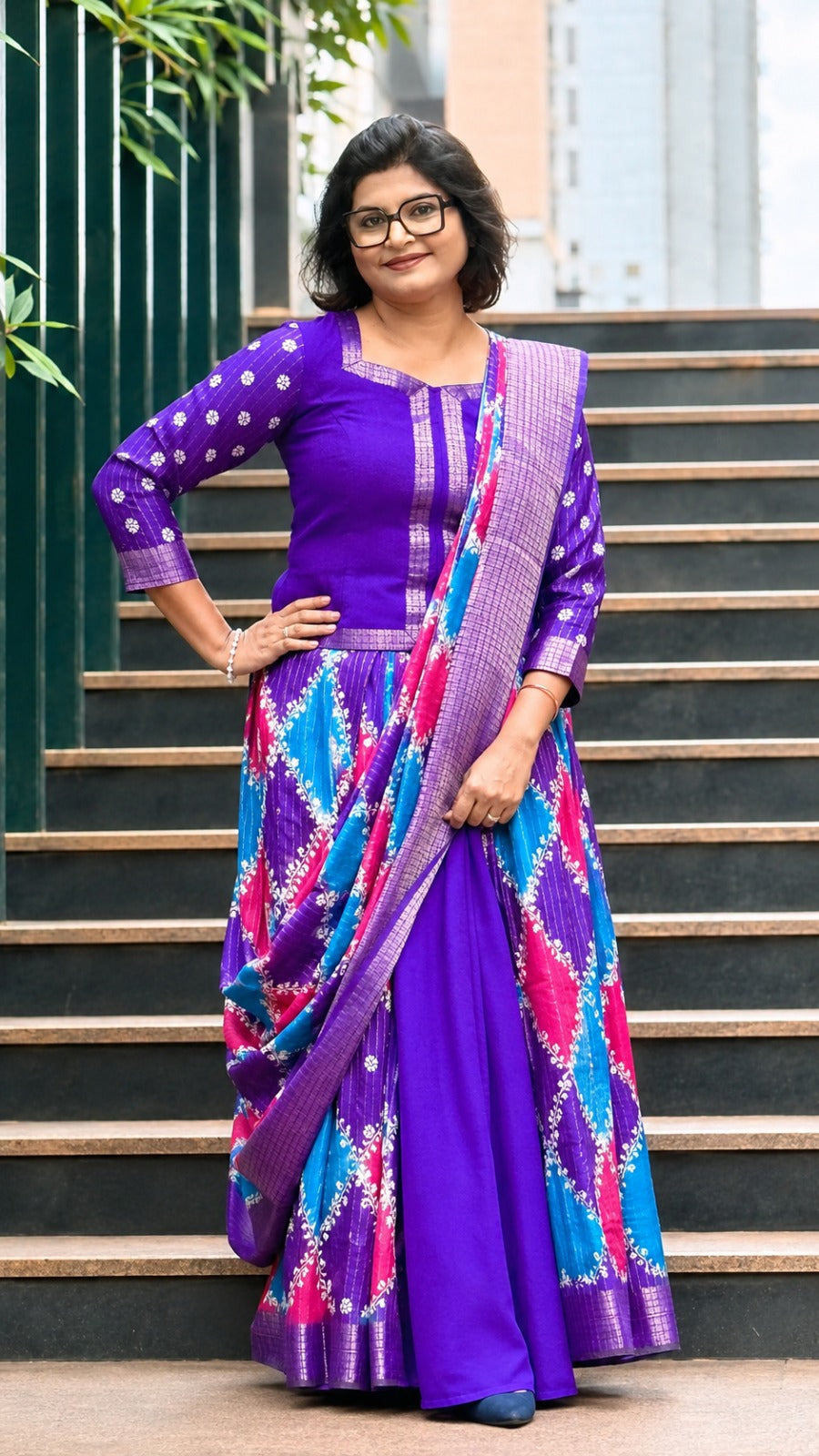 Purple & Multicolor Laheriya Fusion Lehenga Set