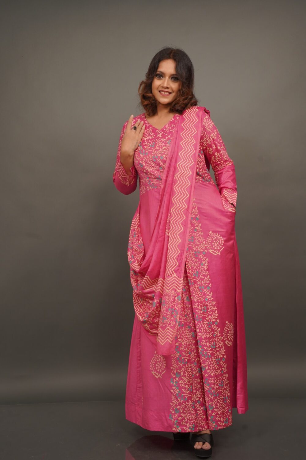 Hot Pink Tussar Hand Block Gown-Style Insta Saree with Lining