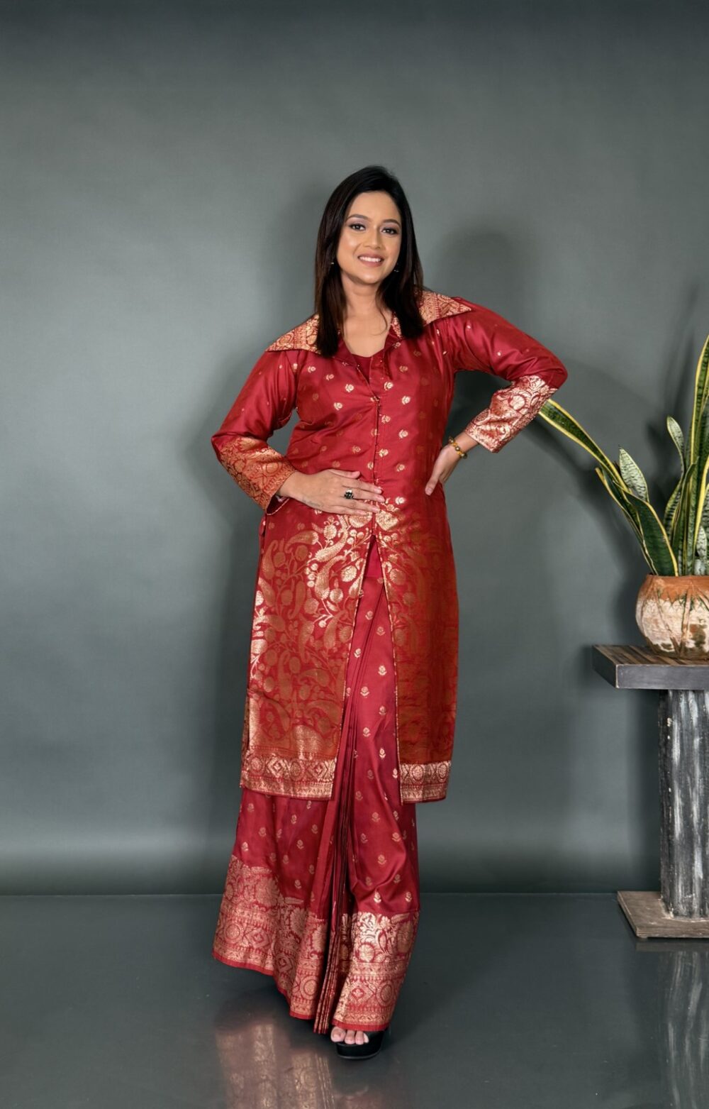 Rangmahal Maroon Silk Fusion Saree Set