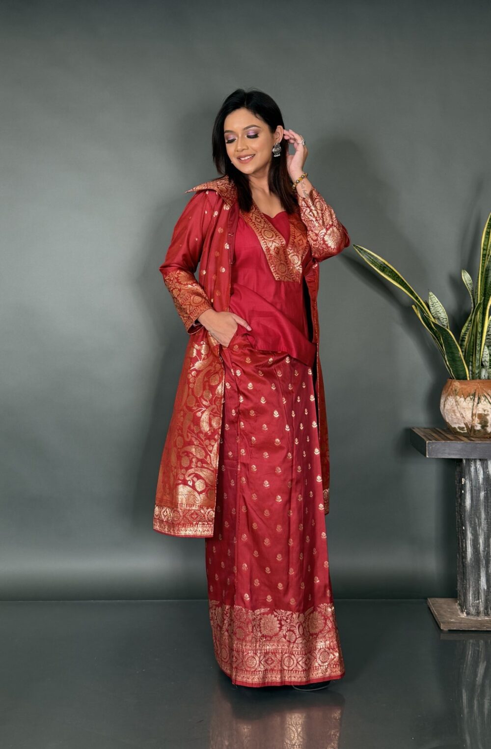 Rangmahal Maroon Silk Fusion Saree Set - Image 2