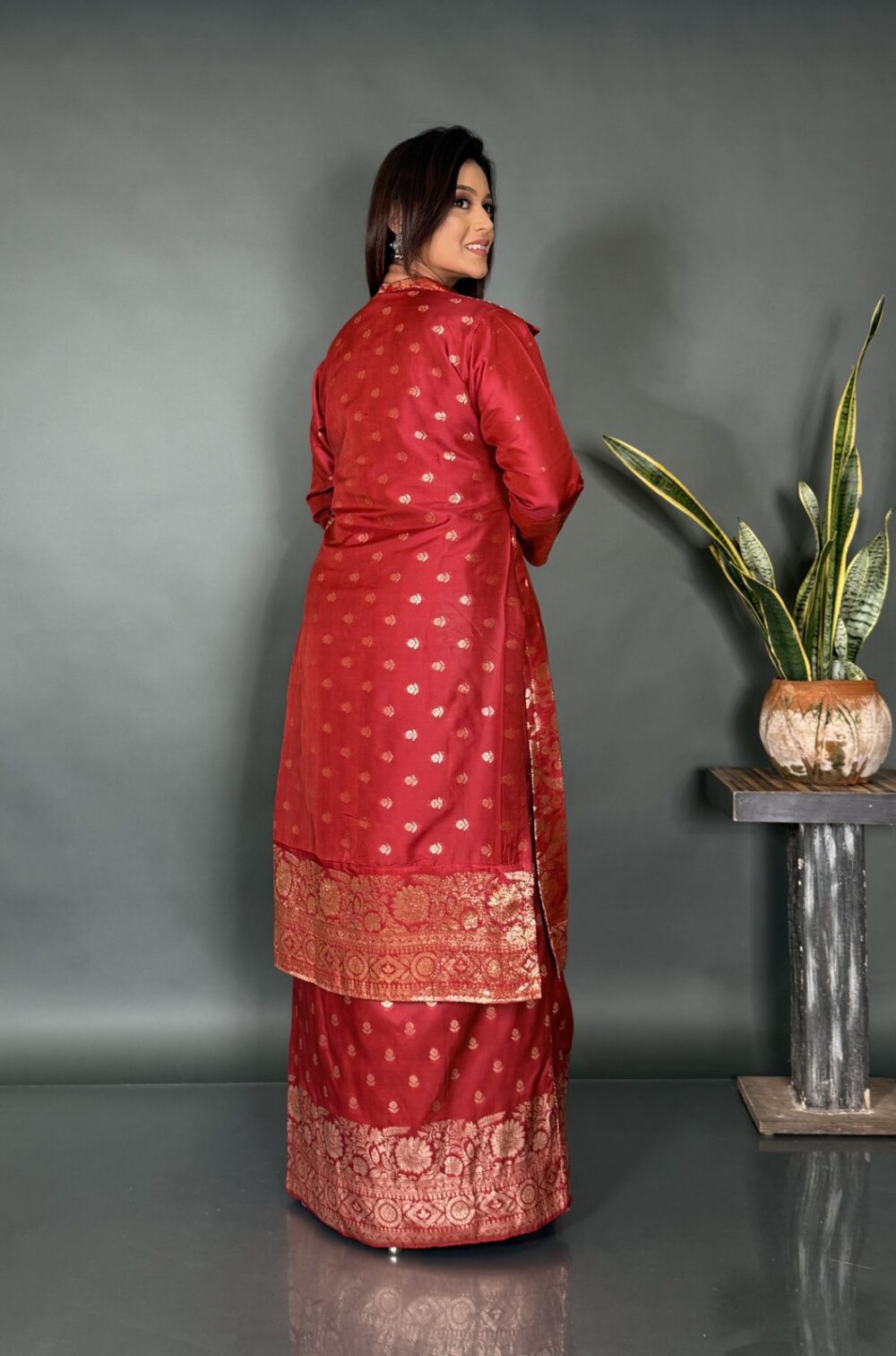 Rangmahal Maroon Silk Fusion Saree Set - Image 3