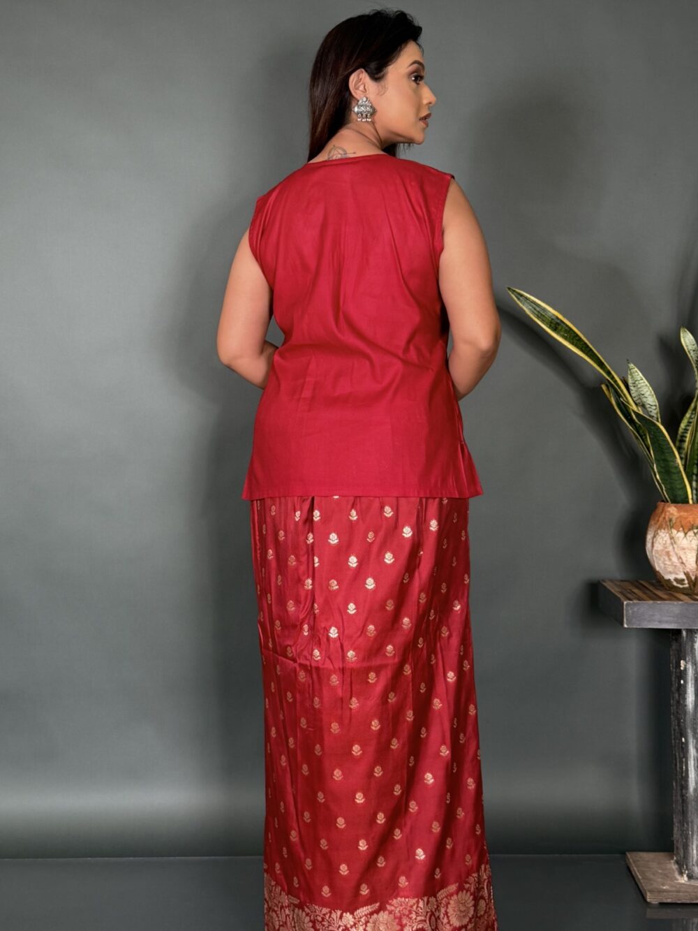 Rangmahal Maroon Silk Fusion Saree Set - Image 6