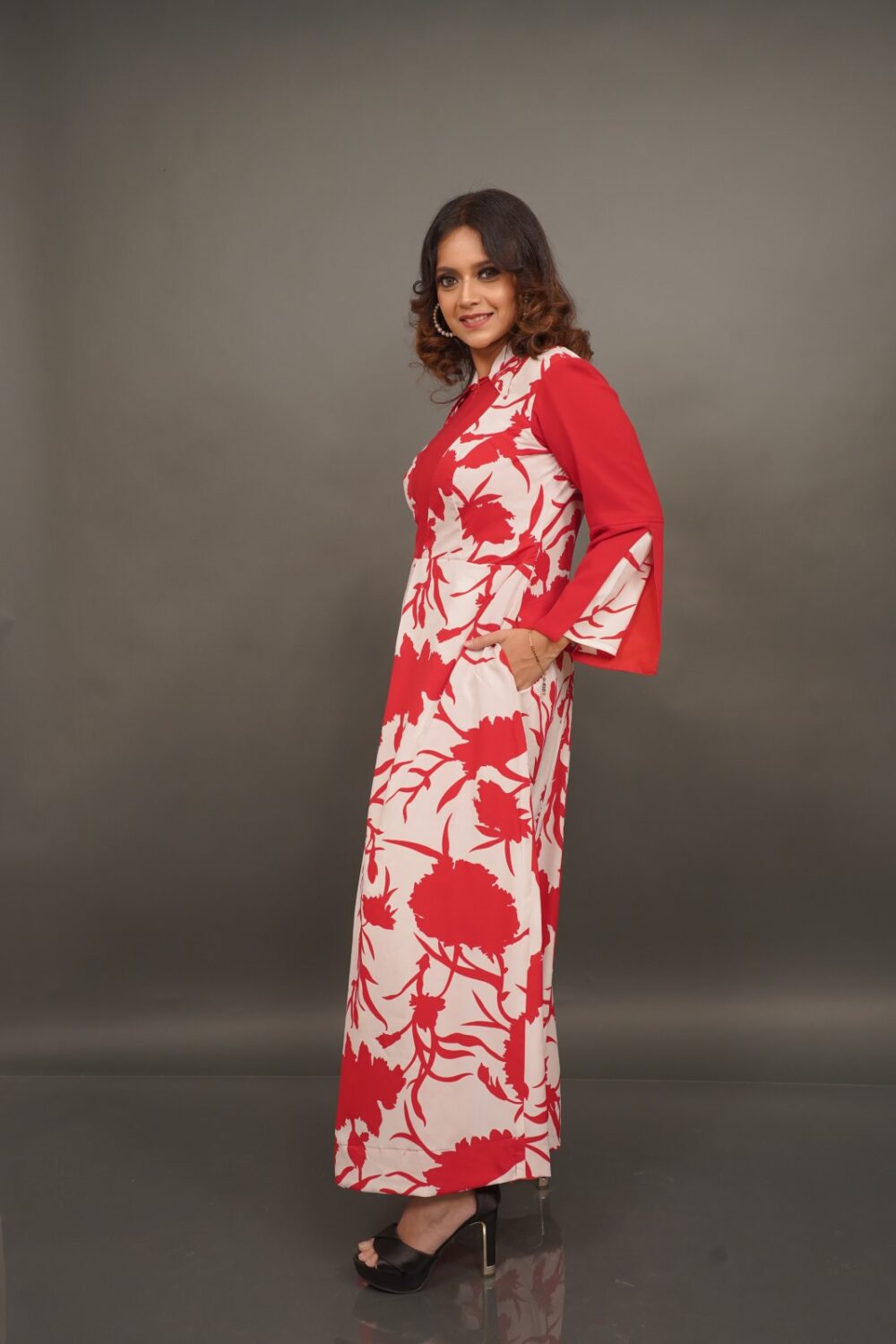 Red & White Floral Print Indo-Western Umbrella Gown with Designer Lining - Image 2