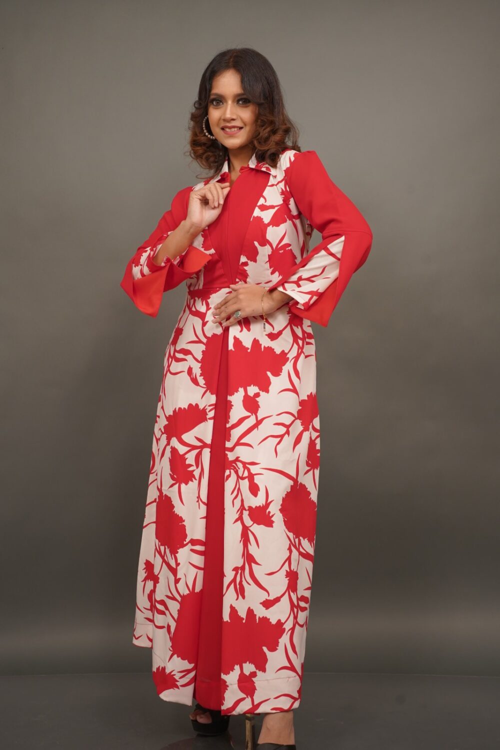 Red & White Floral Print Indo-Western Umbrella Gown with Designer Lining - Image 3