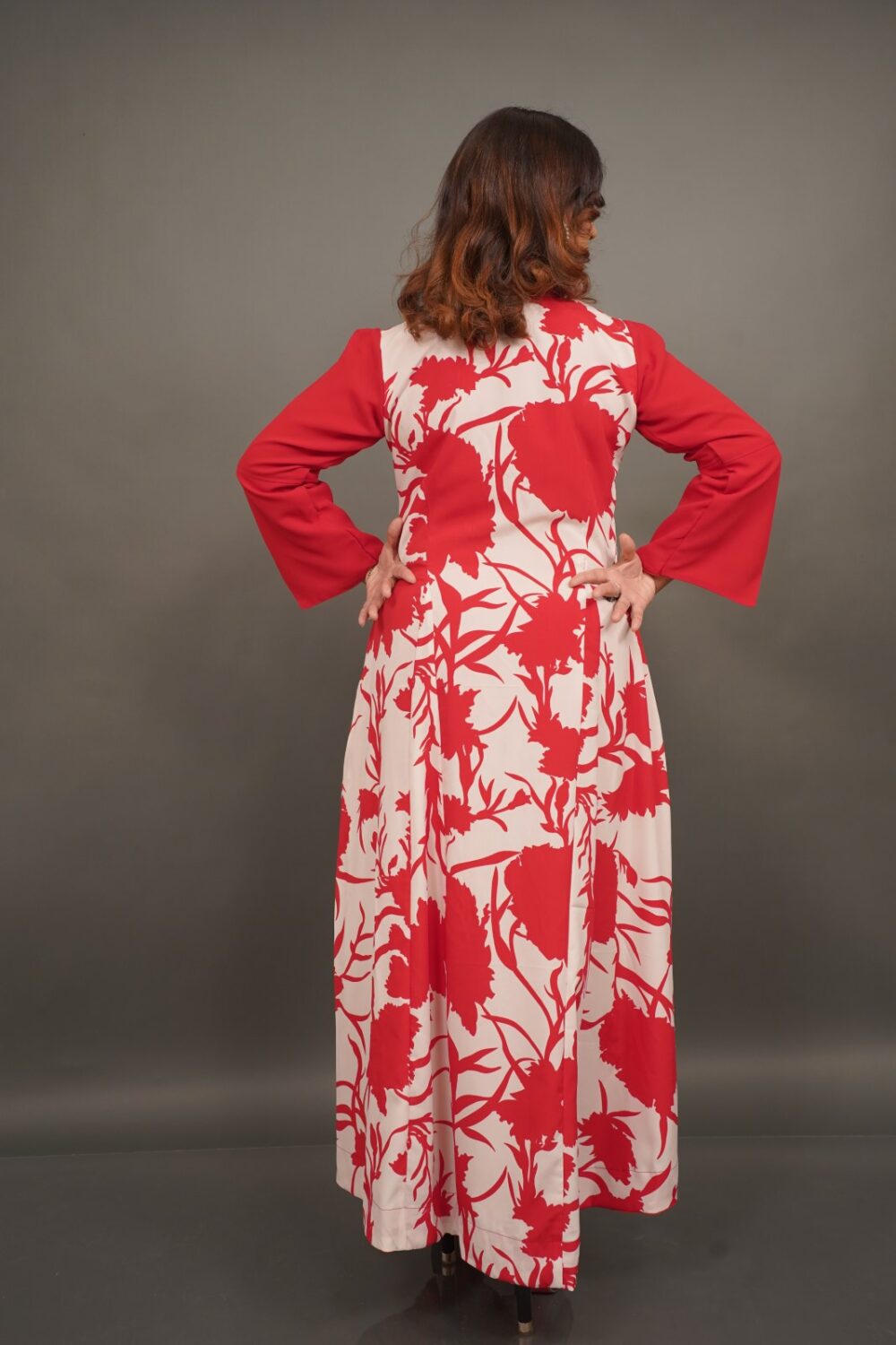 Red & White Floral Print Indo-Western Umbrella Gown with Designer Lining - Image 6