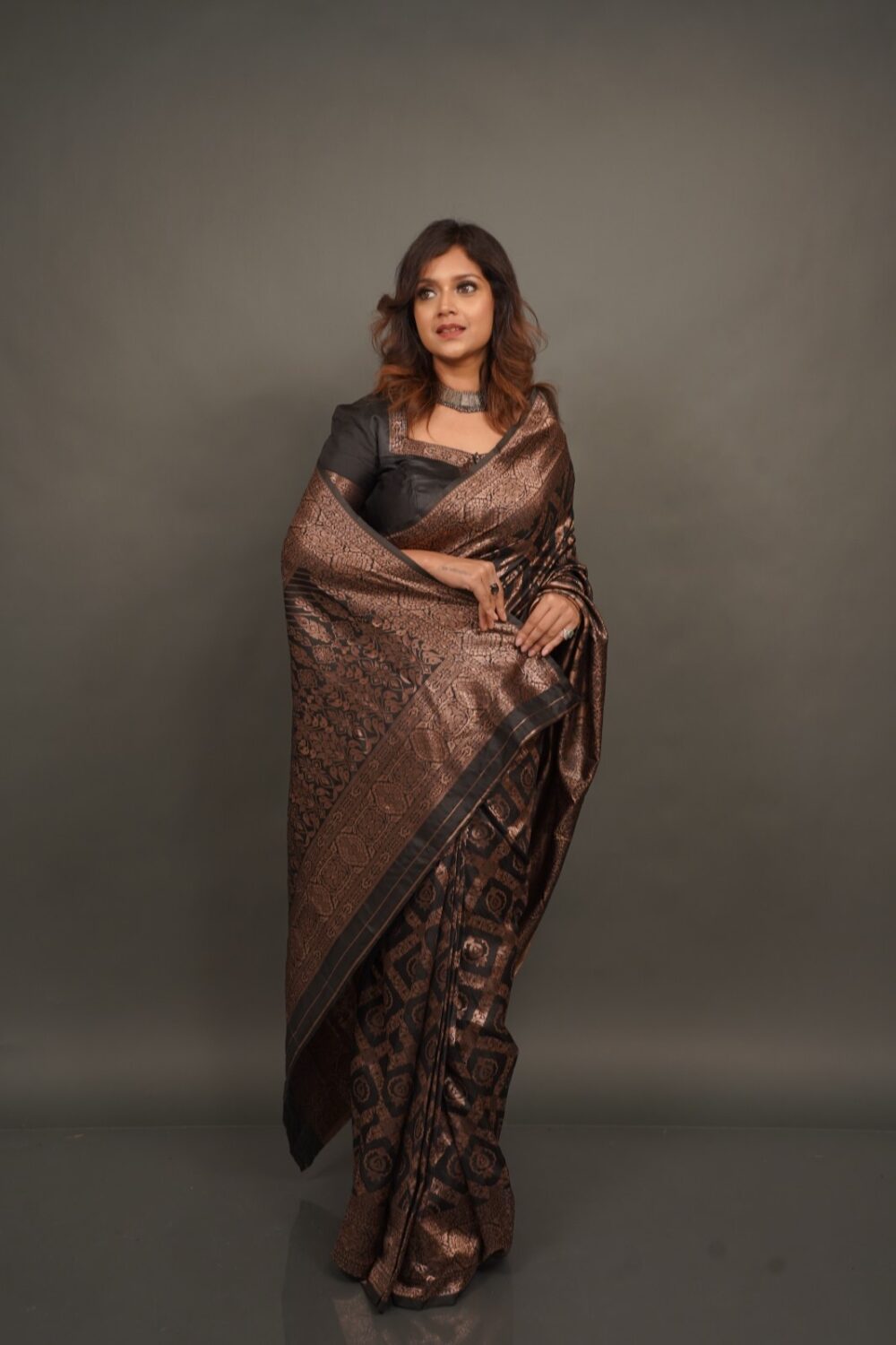 Black Semi Tussar Banarasi Insta Saree with Stitched Blouse & Attached Petticoat