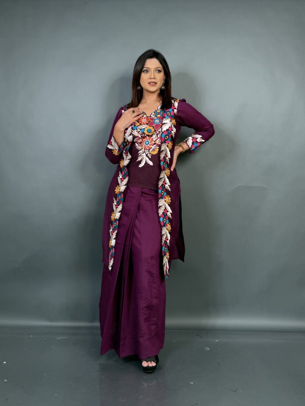 Royal Wine V-Neck Indo-Western Embroidered Fusion Dress - Image 2