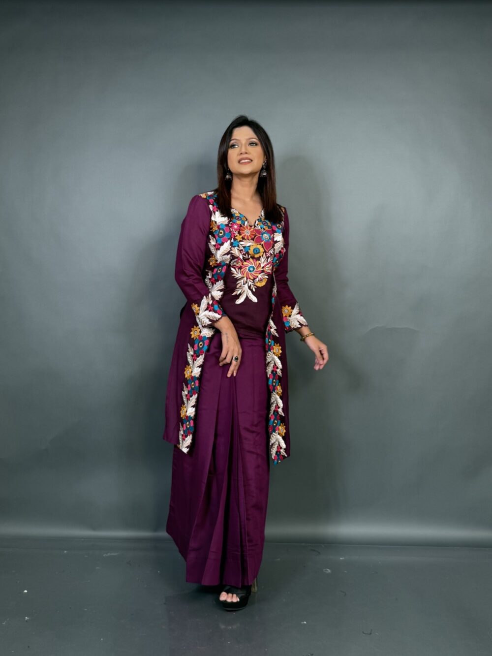 Royal Wine V-Neck Indo-Western Embroidered Fusion Dress