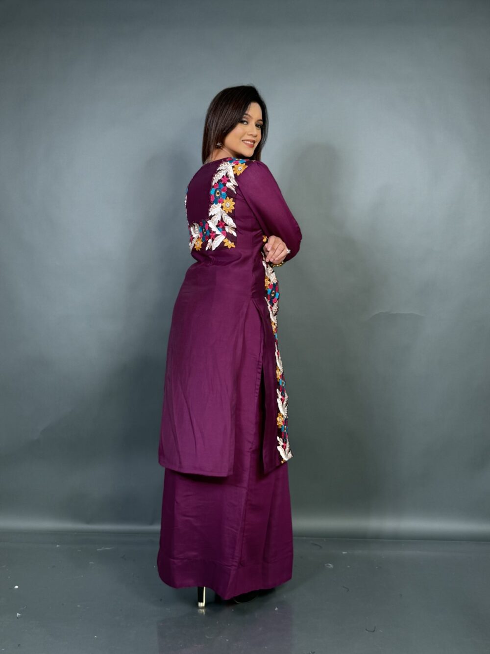 Royal Wine V-Neck Indo-Western Embroidered Fusion Dress - Image 3