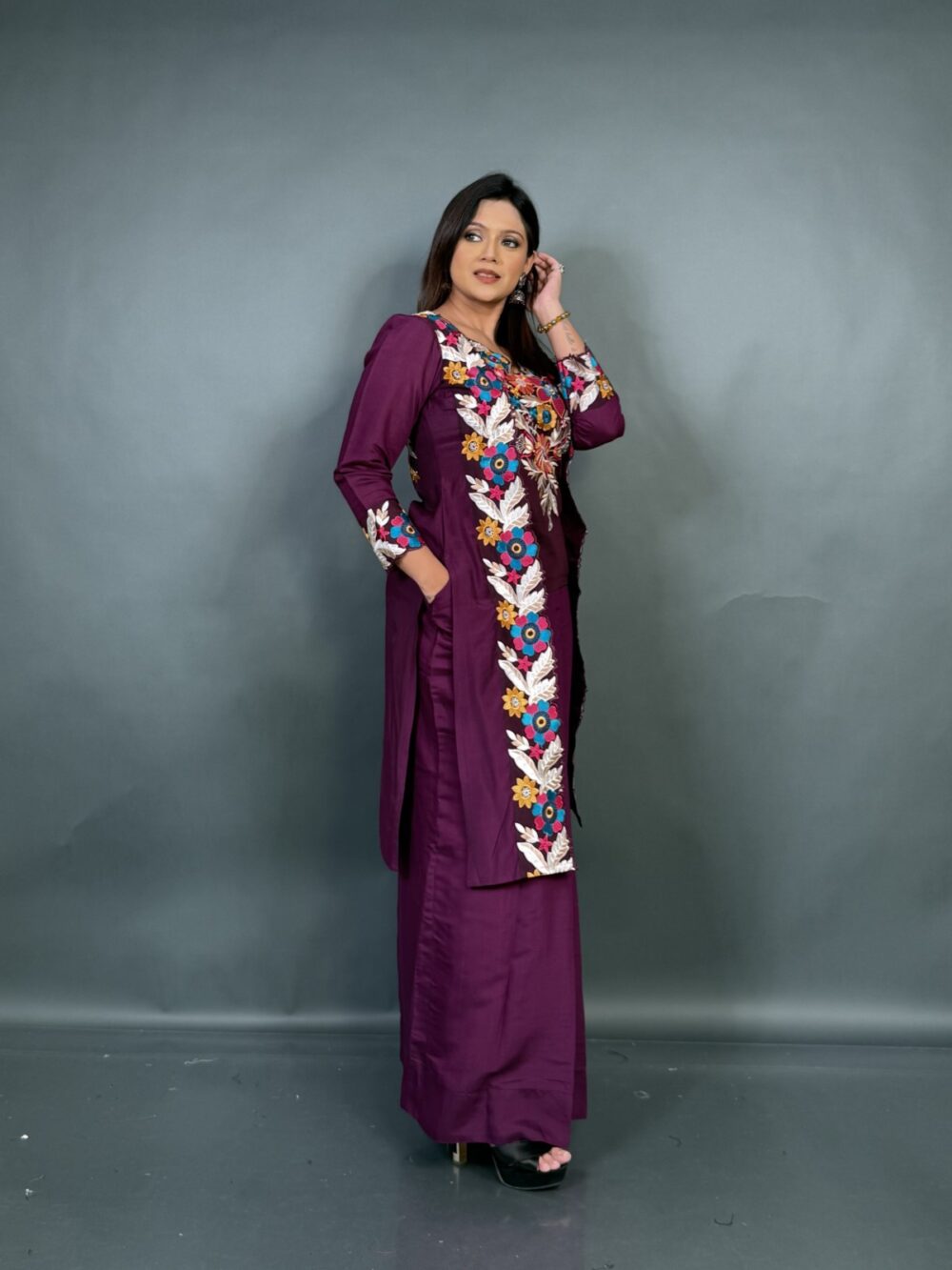 Royal Wine V-Neck Indo-Western Embroidered Fusion Dress - Image 4