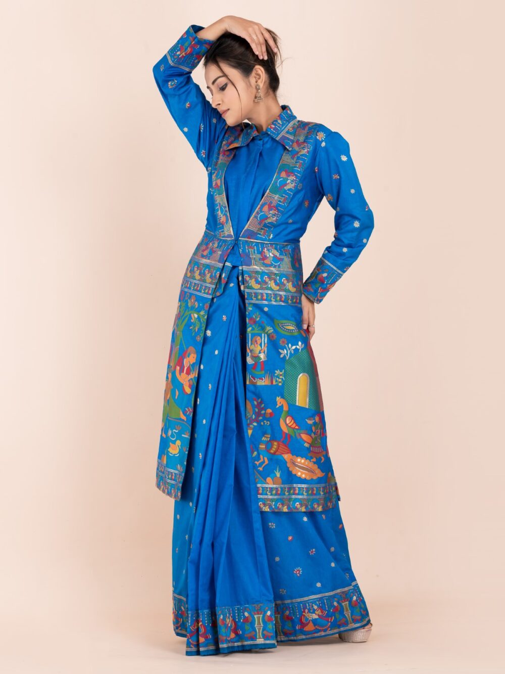 Elegant Firoja Blue Semi-Silk Insta-Saree Fusion Dress,Blouse, Skirt & Long Jacket - Image 2