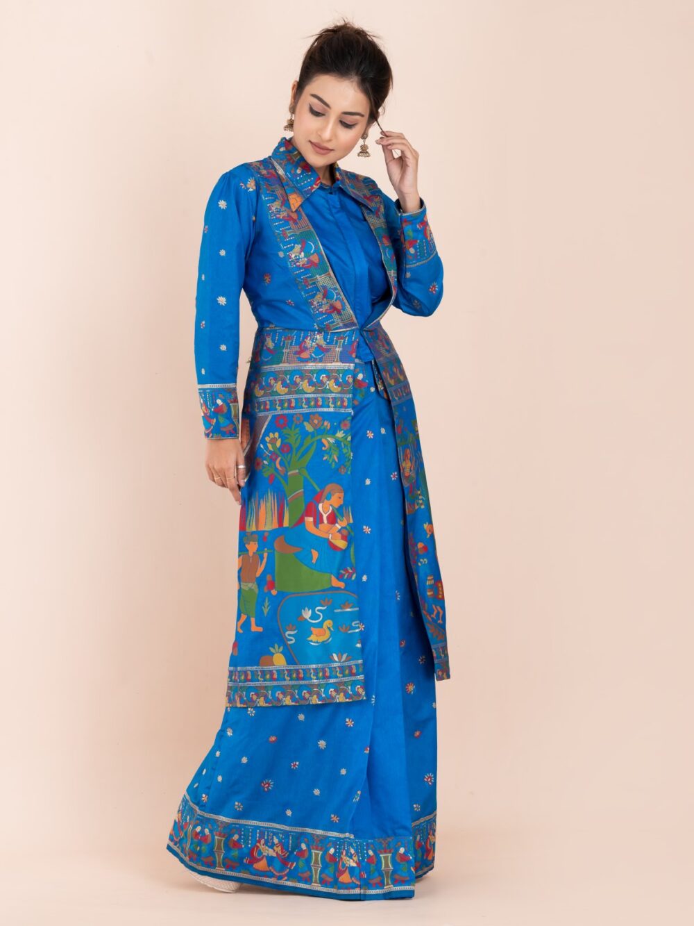 Elegant Firoja Blue Semi-Silk Insta-Saree Fusion Dress,Blouse, Skirt & Long Jacket - Image 3