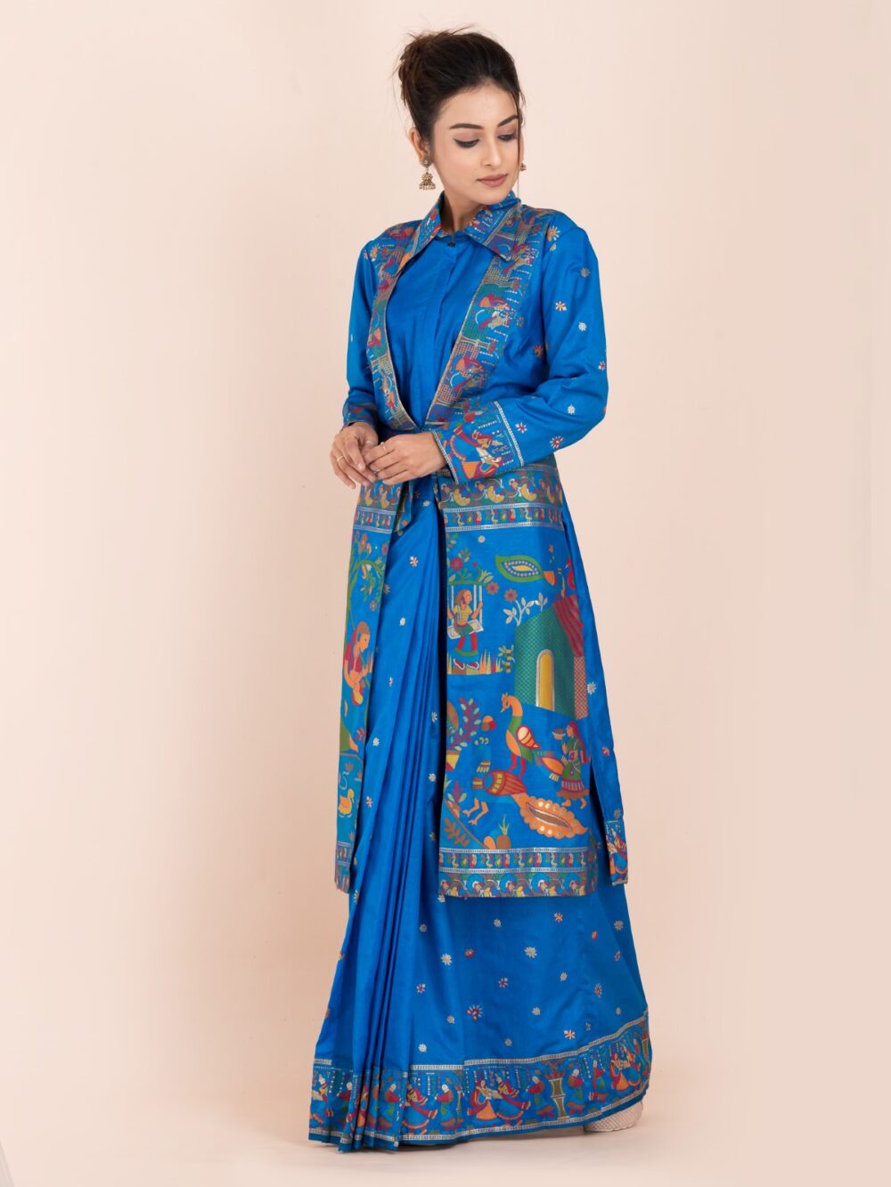 Elegant Firoja Blue Semi-Silk Insta-Saree Fusion Dress,Blouse, Skirt & Long Jacket - Image 4