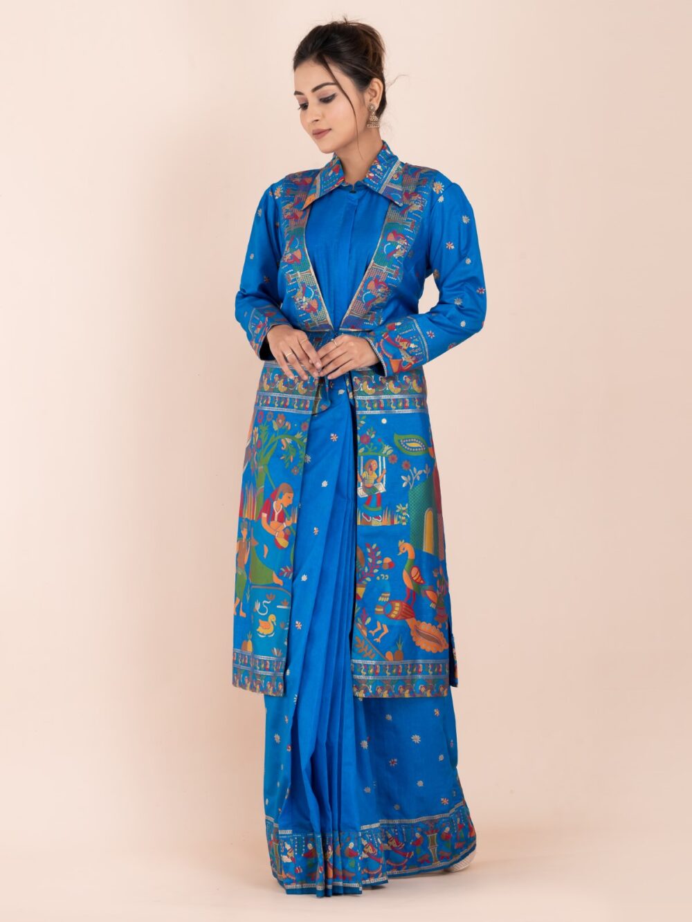 Elegant Firoja Blue Semi-Silk Insta-Saree Fusion Dress,Blouse, Skirt & Long Jacket - Image 6