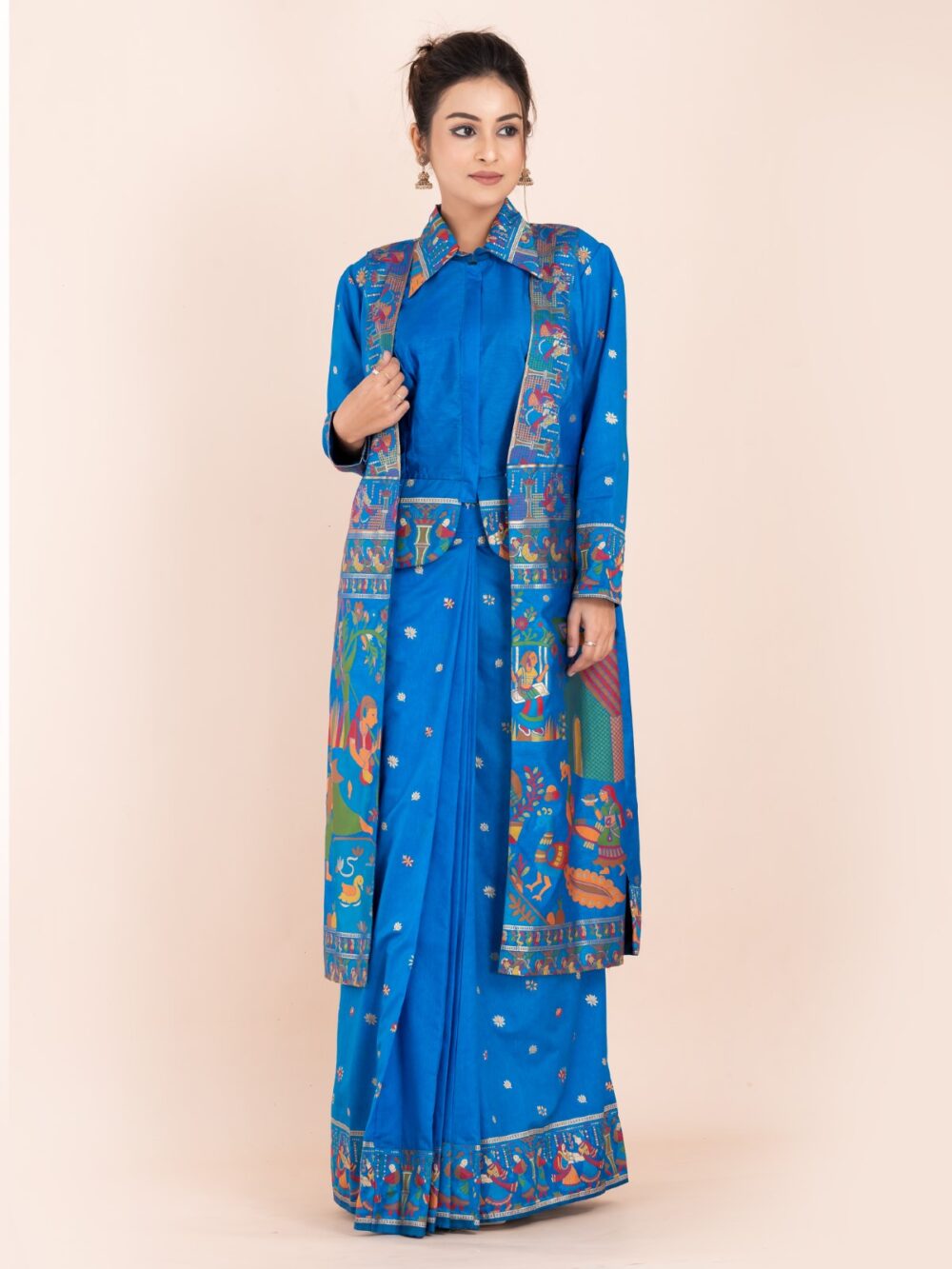 Elegant Firoja Blue Semi-Silk Insta-Saree Fusion Dress,Blouse, Skirt & Long Jacket