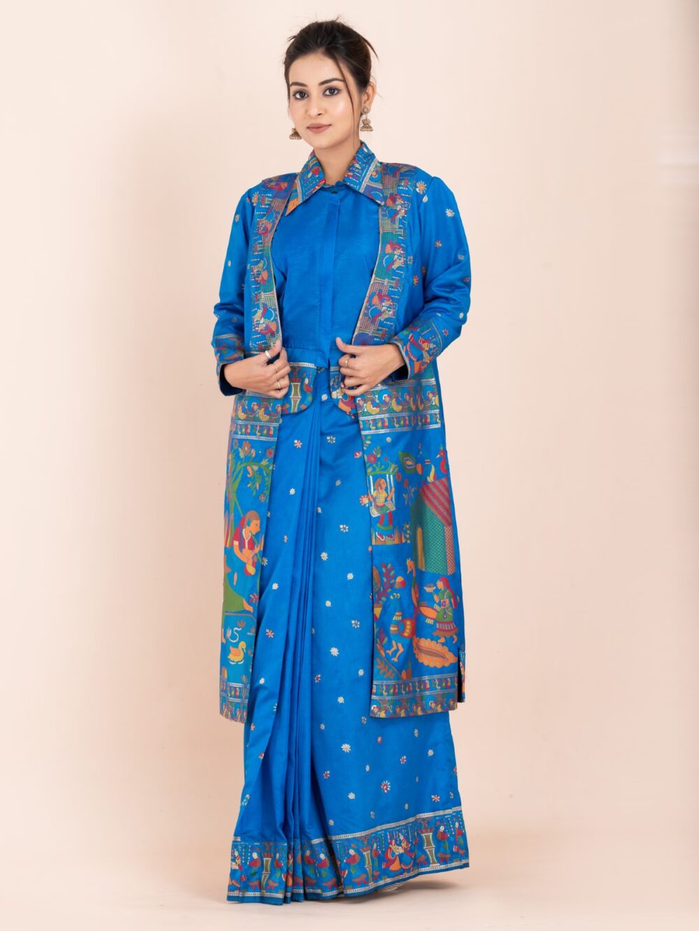 Elegant Firoja Blue Semi-Silk Insta-Saree Fusion Dress,Blouse, Skirt & Long Jacket - Image 8