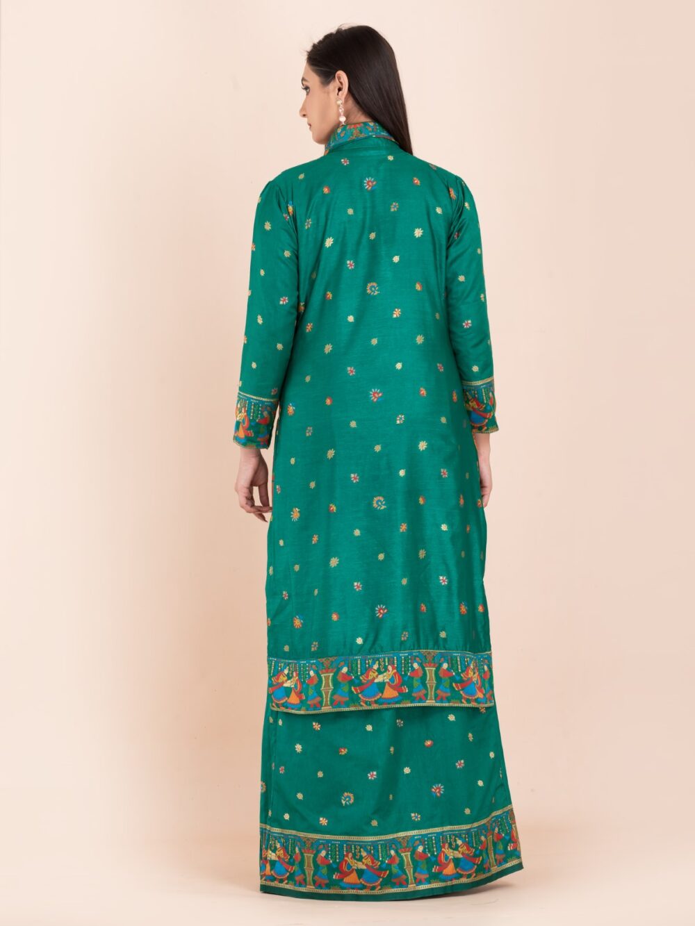 Elegant Emerald Green Semi-Silk Insta-Saree Fusion Dress,Blouse, Skirt & Long Jacket - Image 2