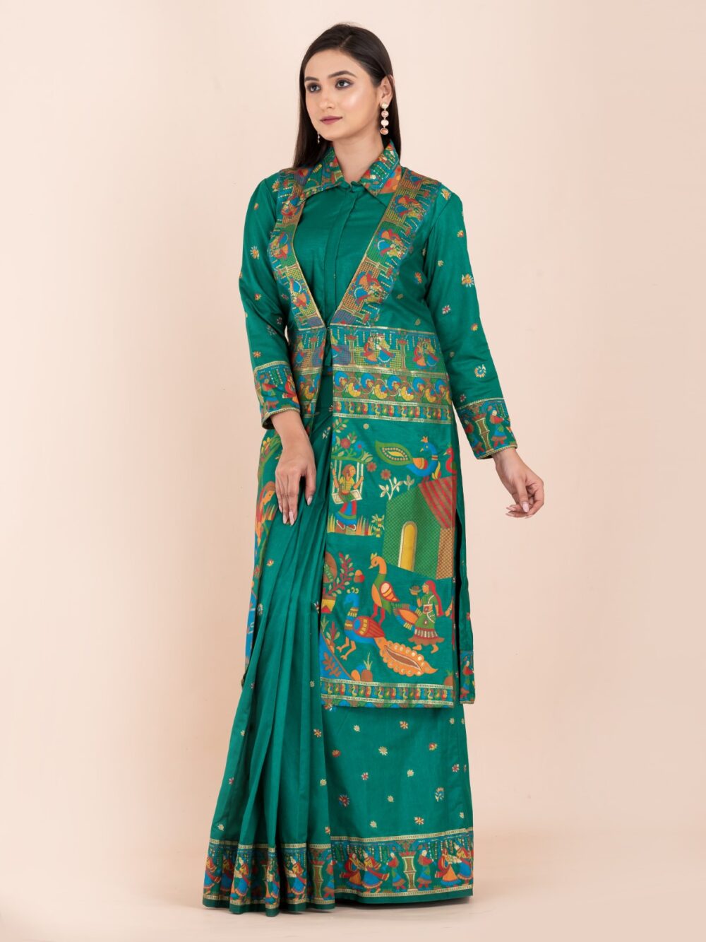 Elegant Emerald Green Semi-Silk Insta-Saree Fusion Dress,Blouse, Skirt & Long Jacket - Image 3