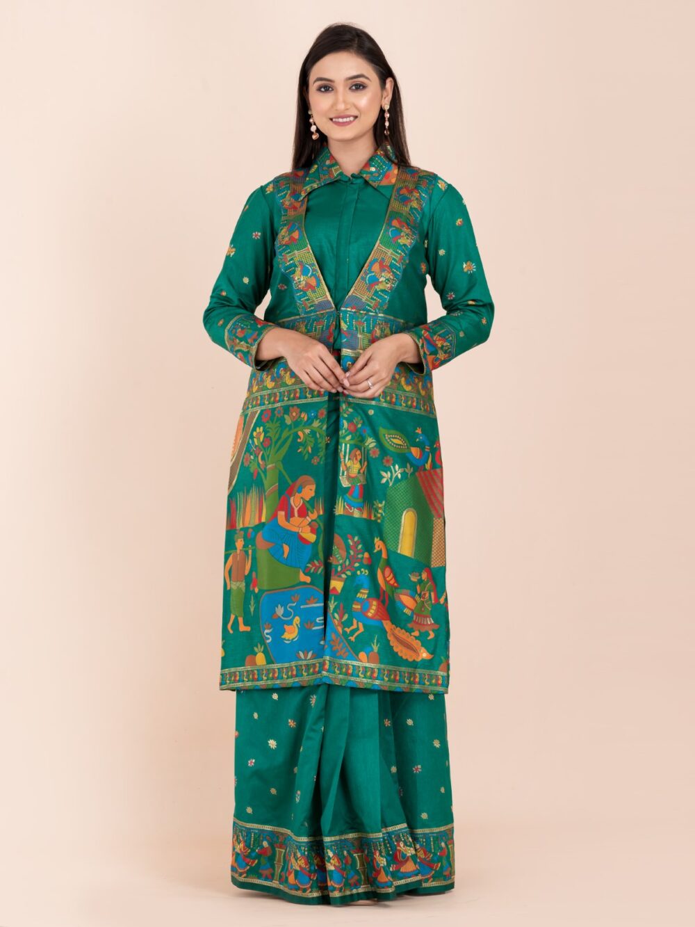 Elegant Emerald Green Semi-Silk Insta-Saree Fusion Dress,Blouse, Skirt & Long Jacket - Image 4