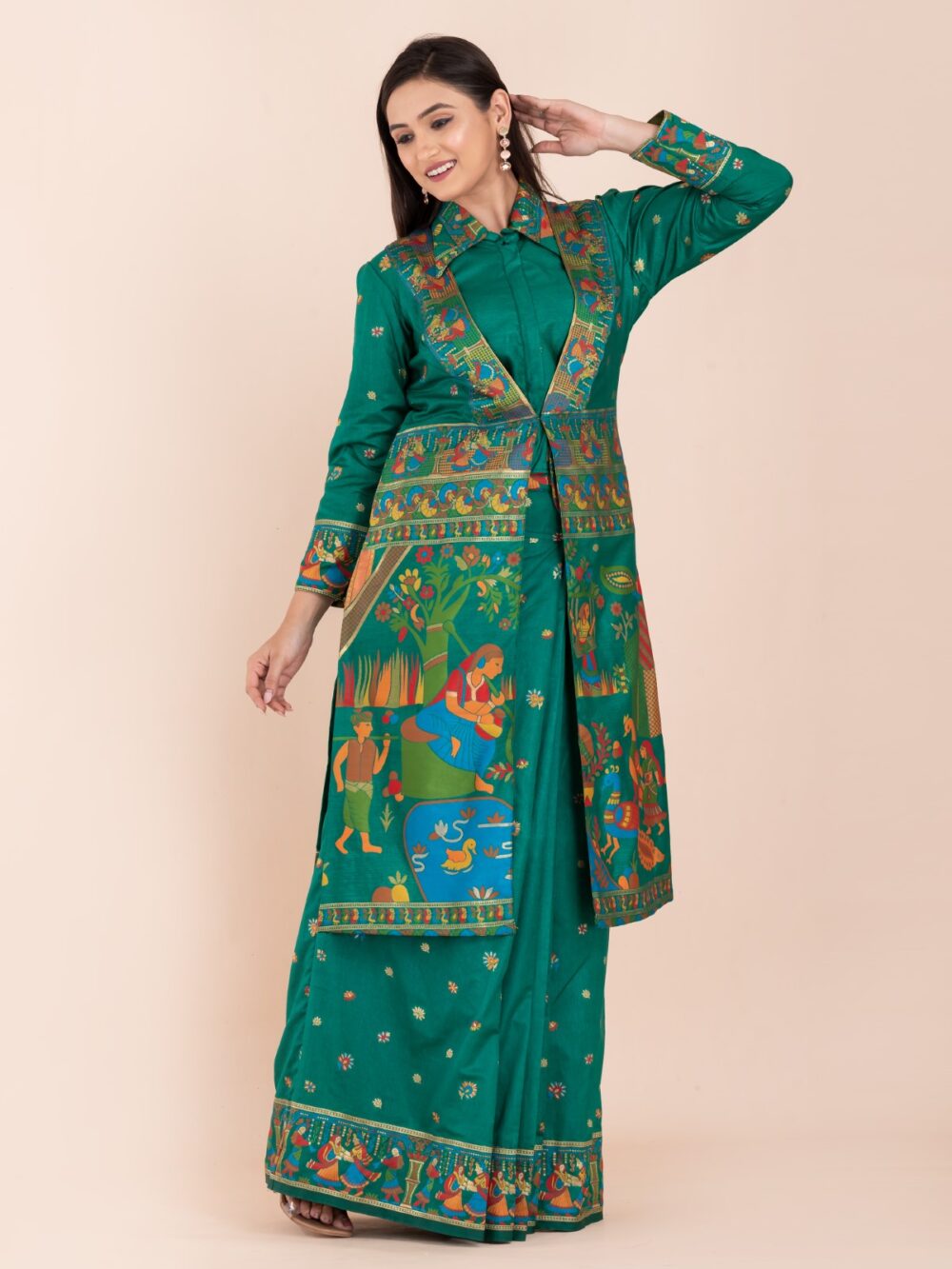 Elegant Emerald Green Semi-Silk Insta-Saree Fusion Dress,Blouse, Skirt & Long Jacket - Image 5