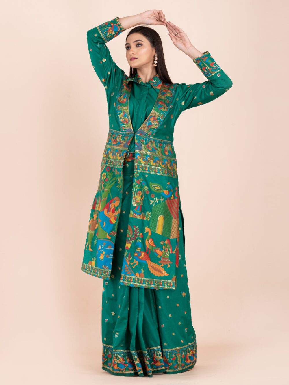 Elegant Emerald Green Semi-Silk Insta-Saree Fusion Dress,Blouse, Skirt & Long Jacket - Image 6