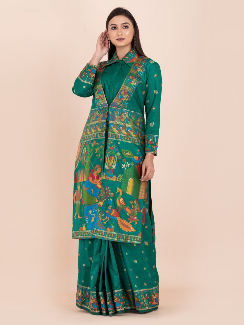 Elegant Emerald Green Semi-Silk Insta-Saree Fusion Dress,Blouse, Skirt & Long Jacket - Image 7