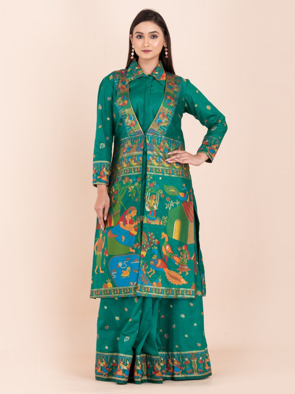 Elegant Emerald Green Semi-Silk Insta-Saree Fusion Dress,Blouse, Skirt & Long Jacket