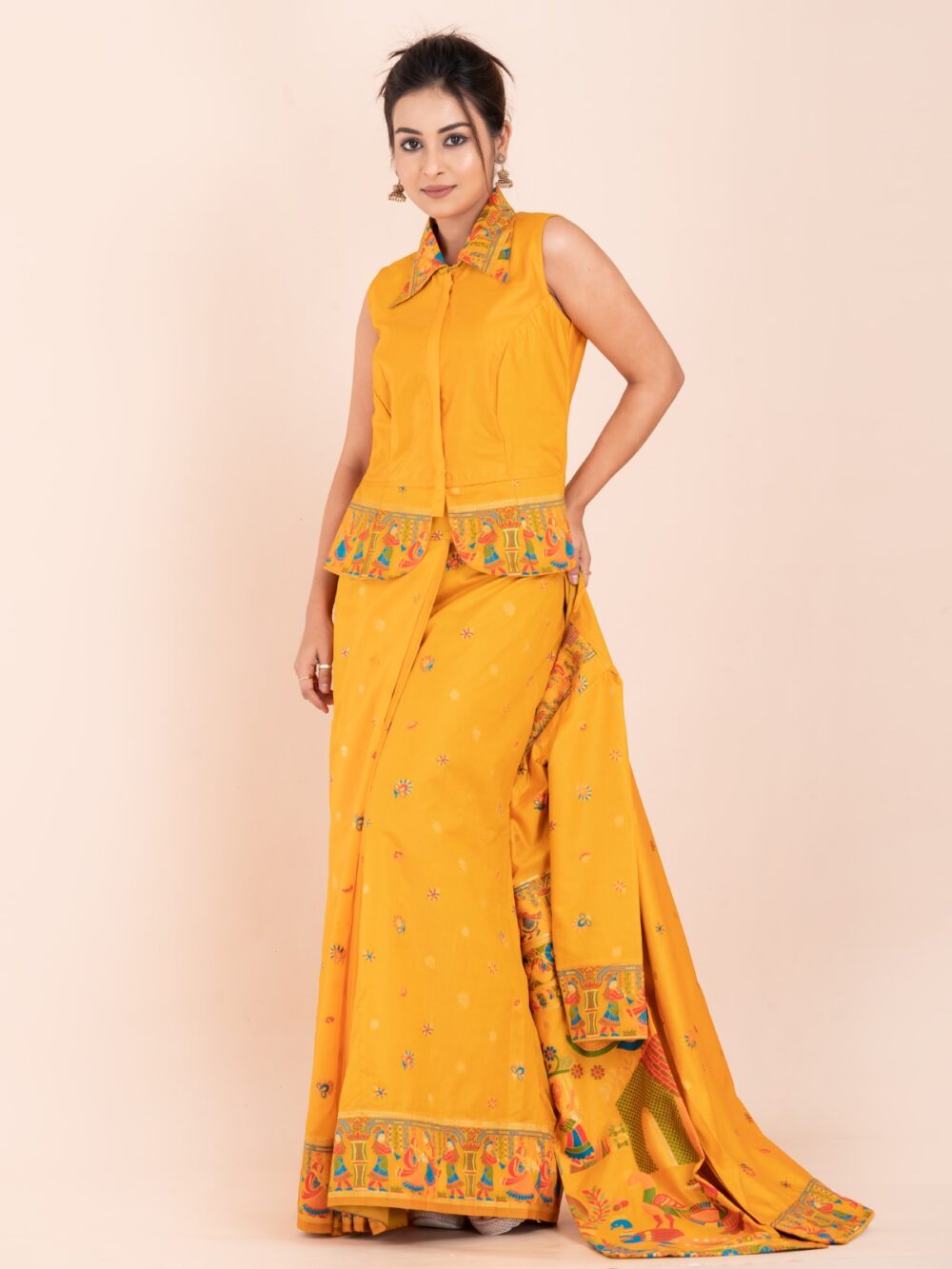 Elegant Ambar Yellow Semi-Silk Insta-Saree Fusion Dress,Blouse, Skirt & Long Jacket - Image 2