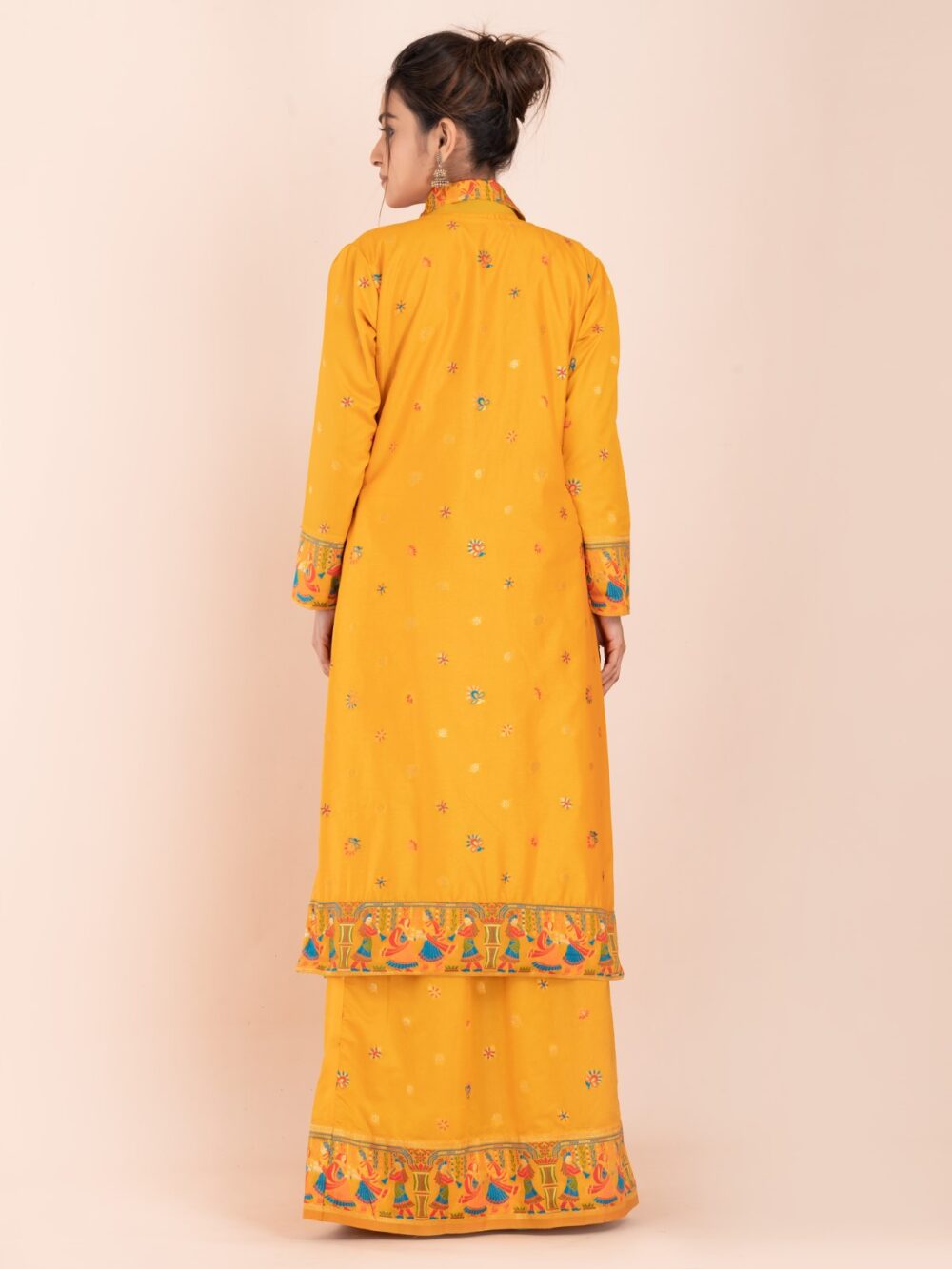 Elegant Ambar Yellow Semi-Silk Insta-Saree Fusion Dress,Blouse, Skirt & Long Jacket - Image 4