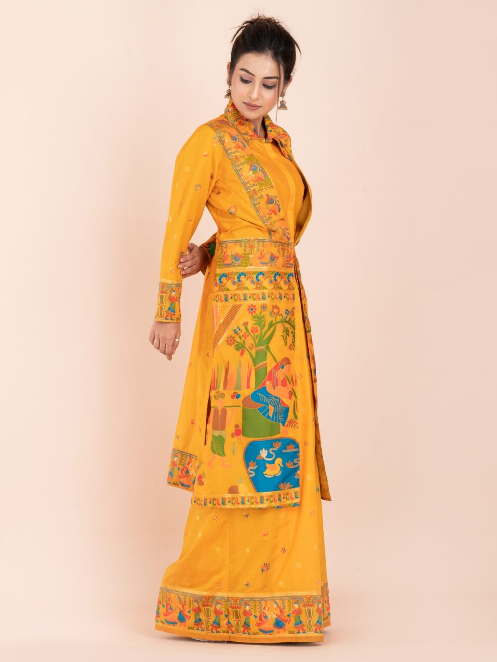 Elegant Ambar Yellow Semi-Silk Insta-Saree Fusion Dress,Blouse, Skirt & Long Jacket - Image 5