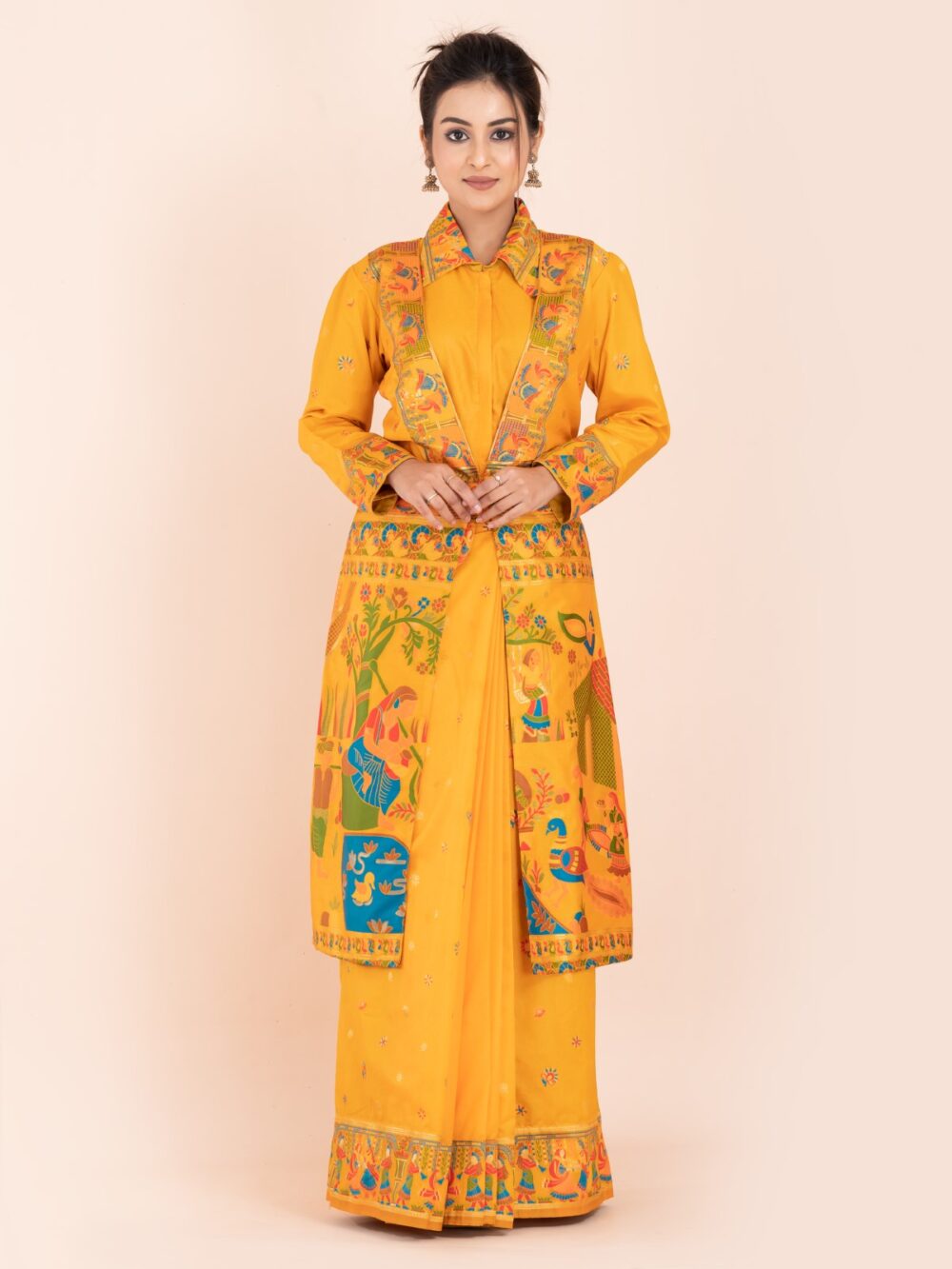 Elegant Ambar Yellow Semi-Silk Insta-Saree Fusion Dress,Blouse, Skirt & Long Jacket