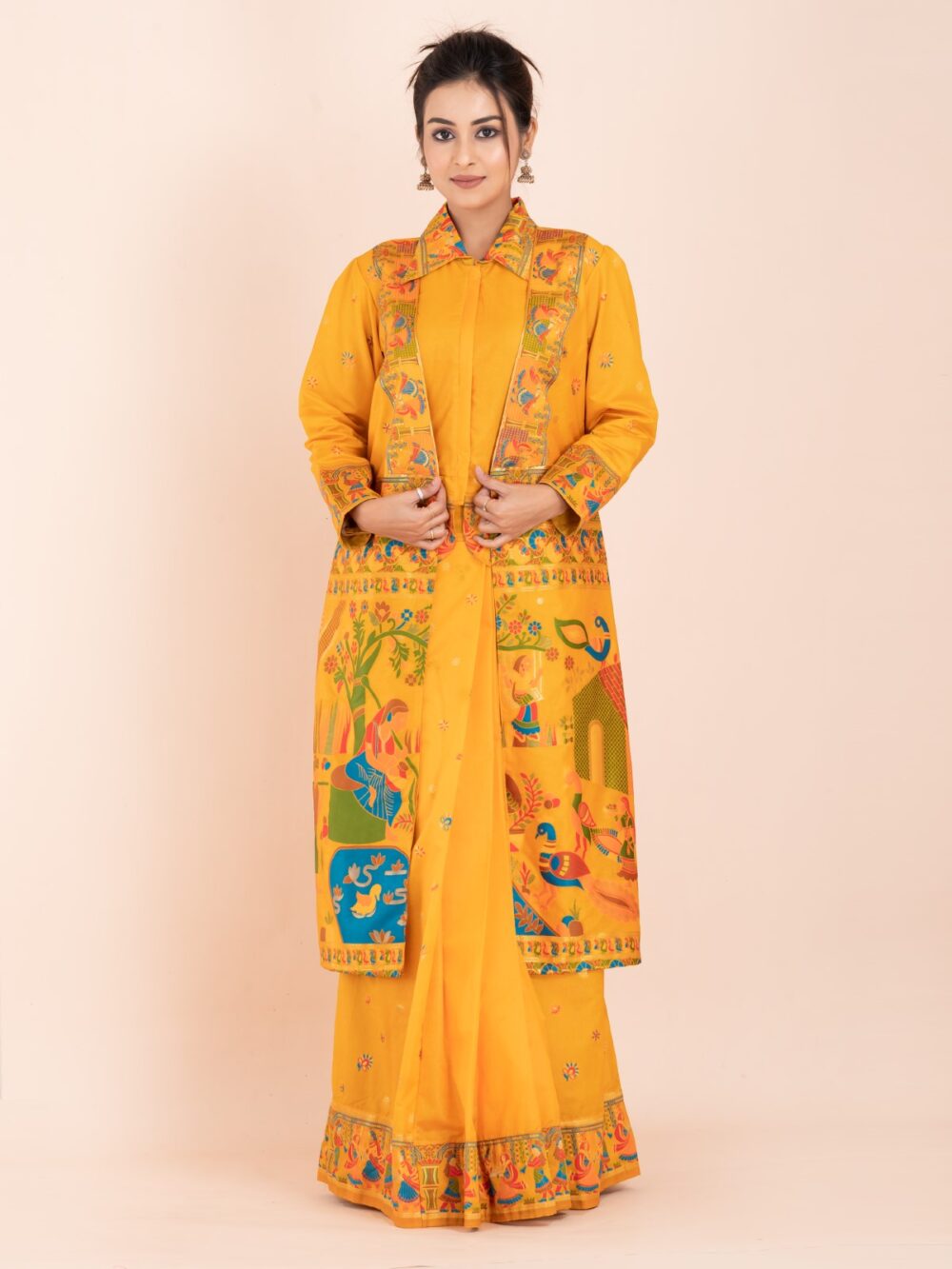 Elegant Ambar Yellow Semi-Silk Insta-Saree Fusion Dress,Blouse, Skirt & Long Jacket - Image 8