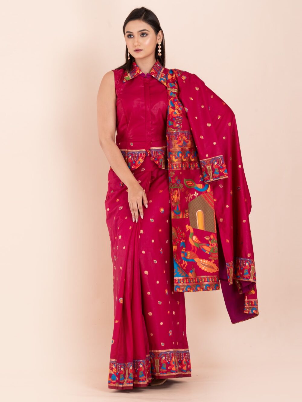 Elegant Fuchsia Pink Semi-Silk Insta-Saree Fusion Dress,Blouse, Skirt & Long Jacket - Image 2