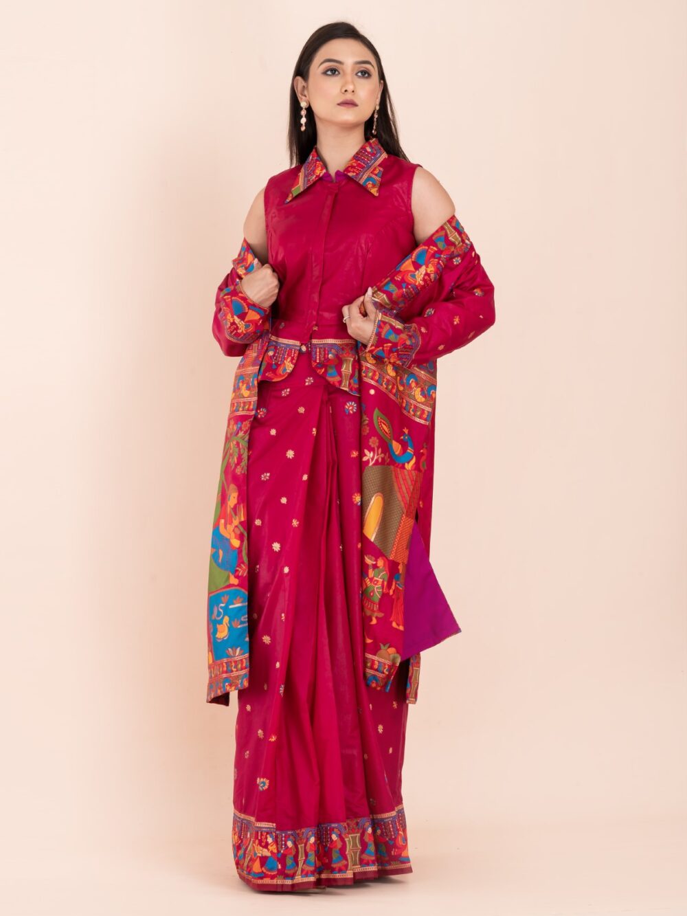 Elegant Fuchsia Pink Semi-Silk Insta-Saree Fusion Dress,Blouse, Skirt & Long Jacket - Image 3