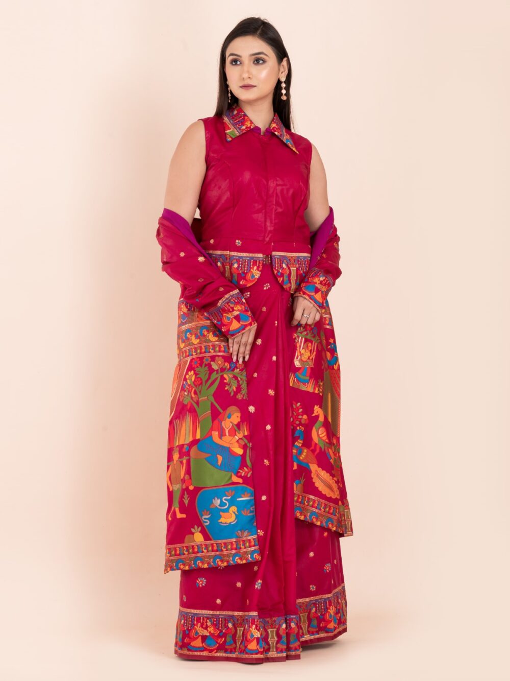 Elegant Fuchsia Pink Semi-Silk Insta-Saree Fusion Dress,Blouse, Skirt & Long Jacket - Image 4