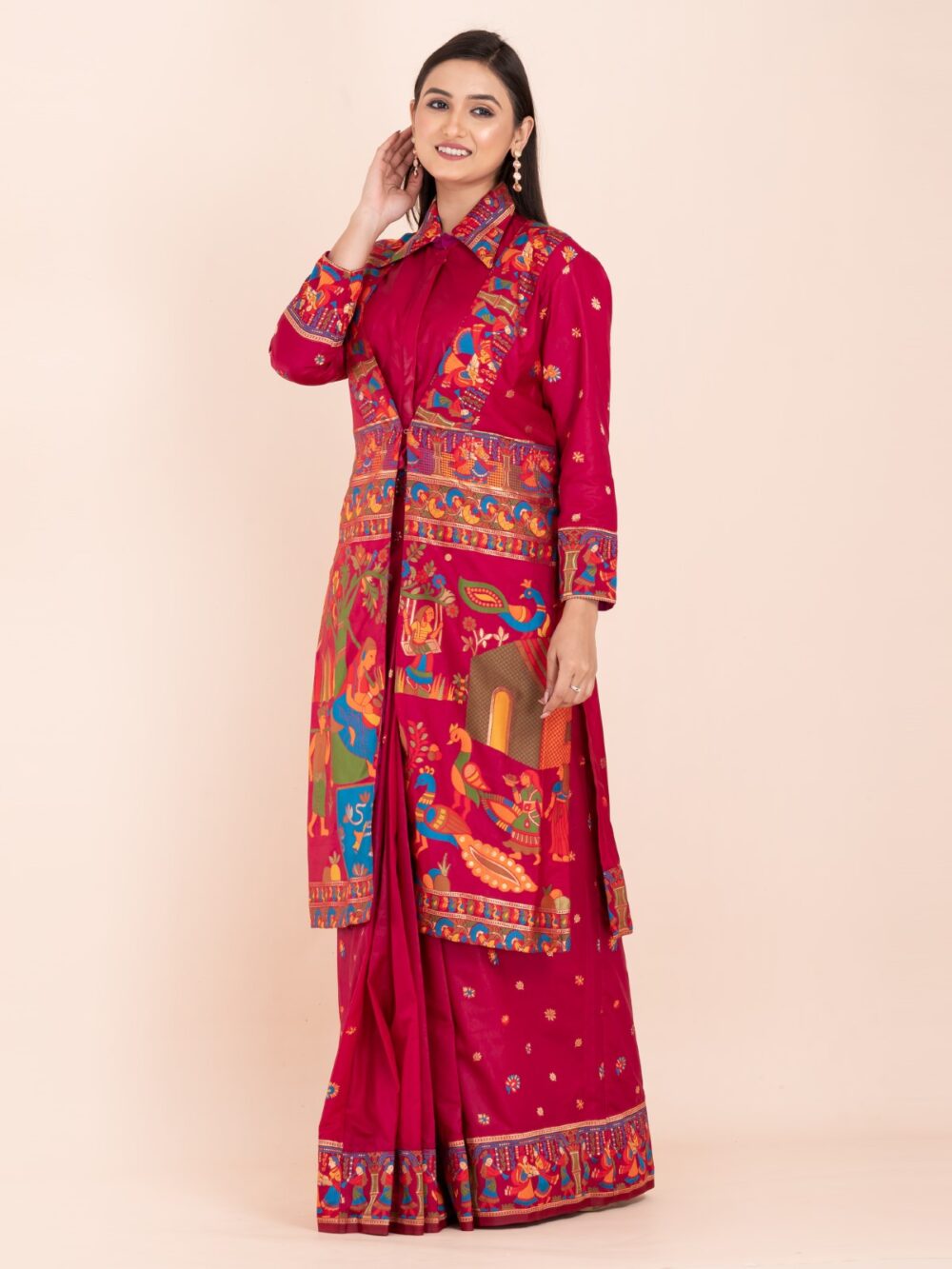 Elegant Fuchsia Pink Semi-Silk Insta-Saree Fusion Dress,Blouse, Skirt & Long Jacket - Image 6