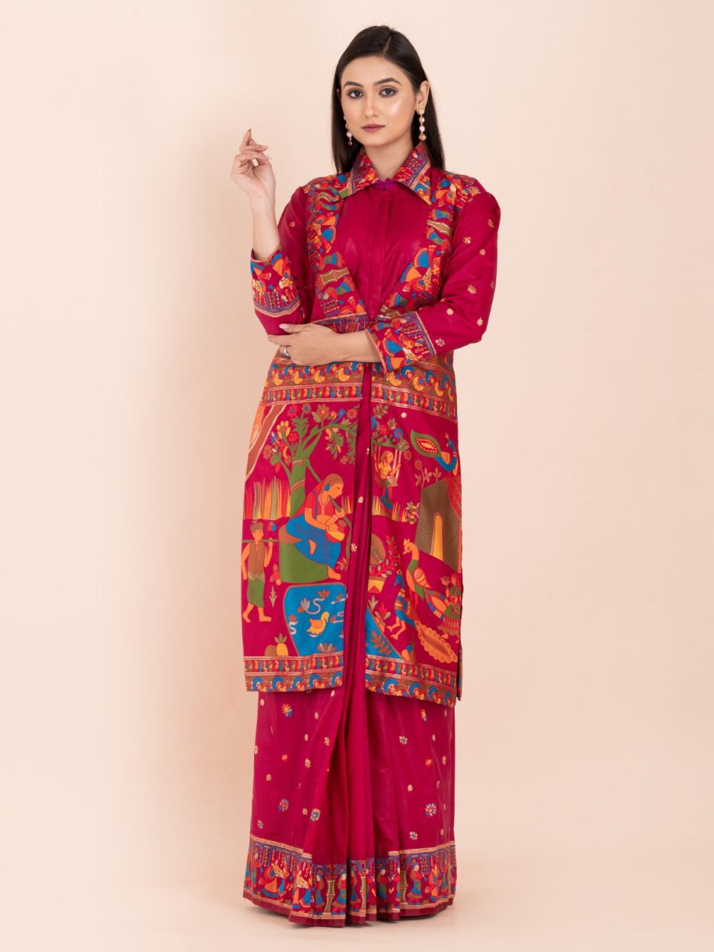 Elegant Fuchsia Pink Semi-Silk Insta-Saree Fusion Dress,Blouse, Skirt & Long Jacket