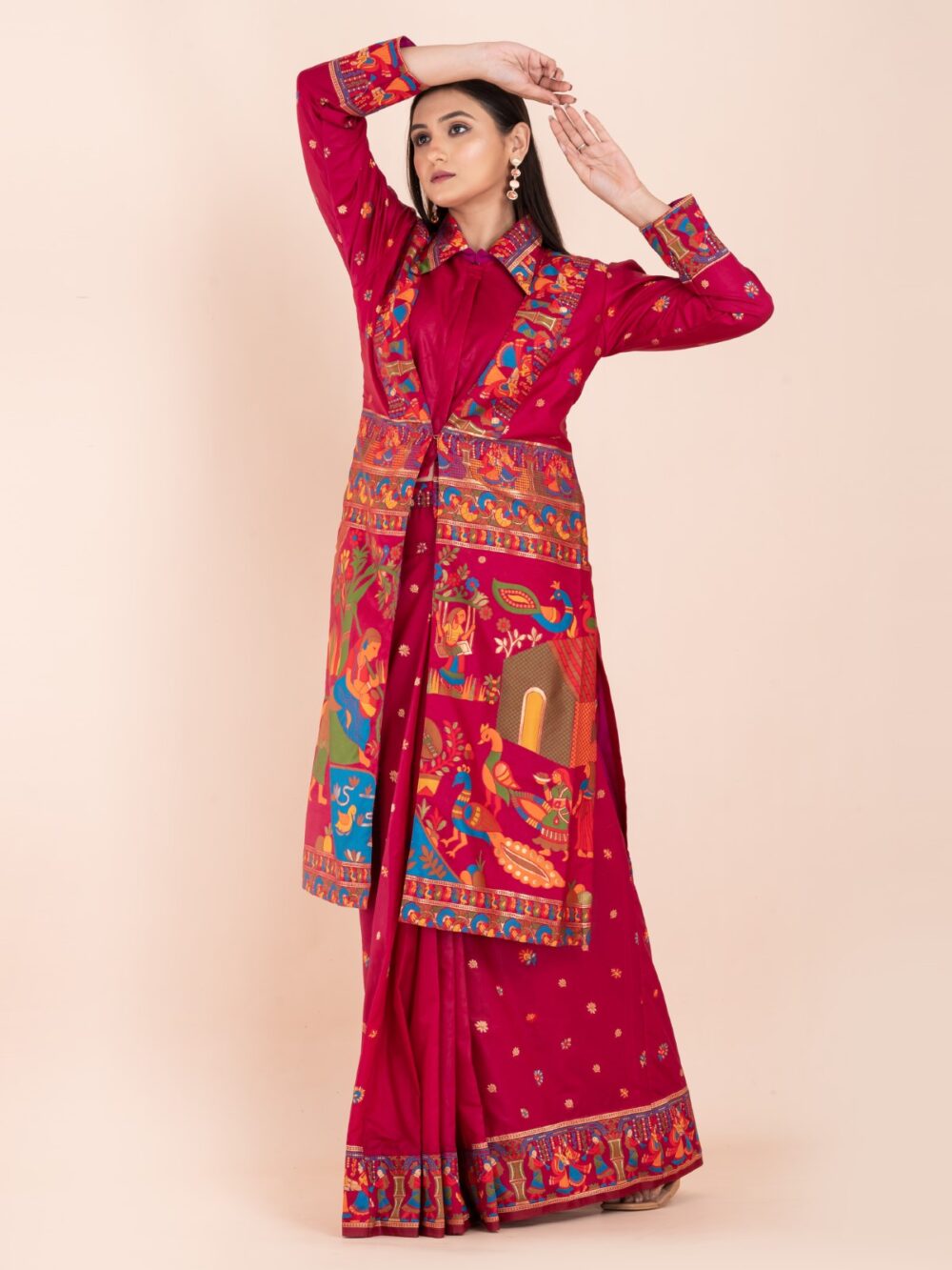 Elegant Fuchsia Pink Semi-Silk Insta-Saree Fusion Dress,Blouse, Skirt & Long Jacket - Image 7