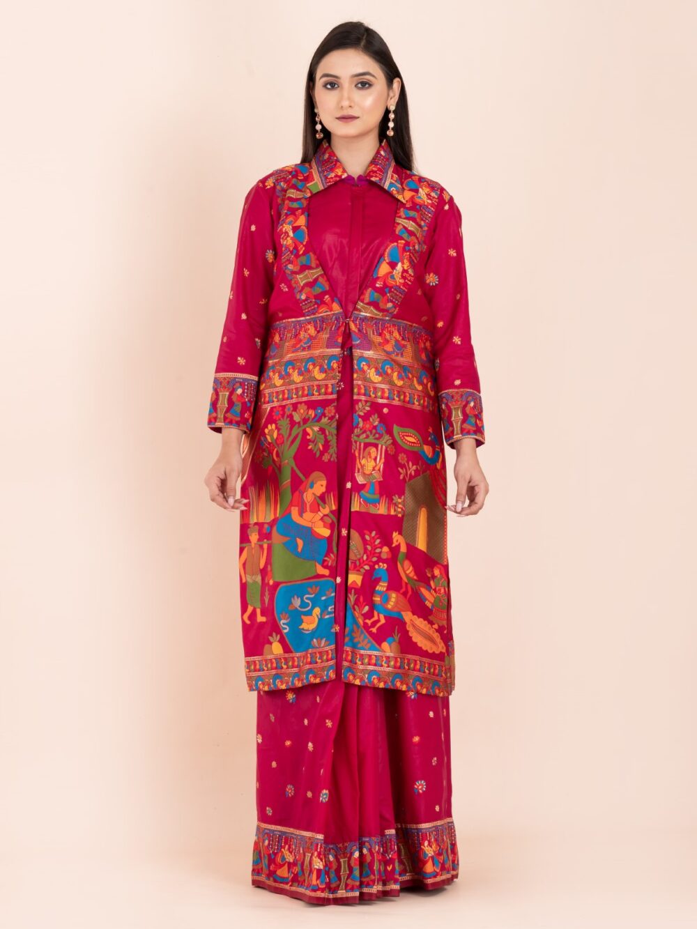 Elegant Fuchsia Pink Semi-Silk Insta-Saree Fusion Dress,Blouse, Skirt & Long Jacket - Image 9