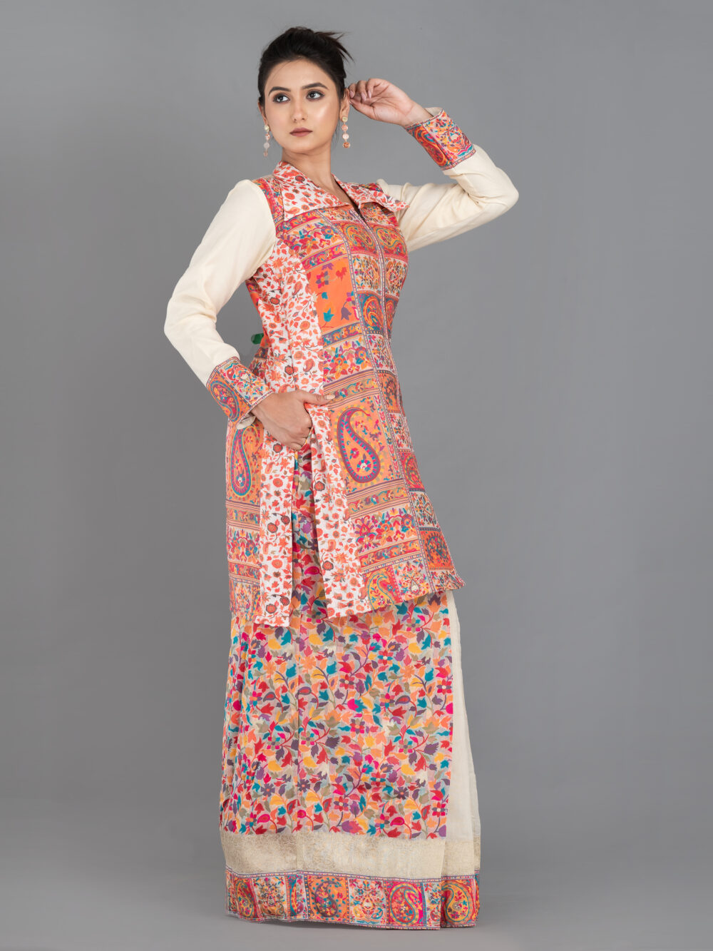 Off-White Chanderi Weave Fusion Skirt Jacket Set - Image 2