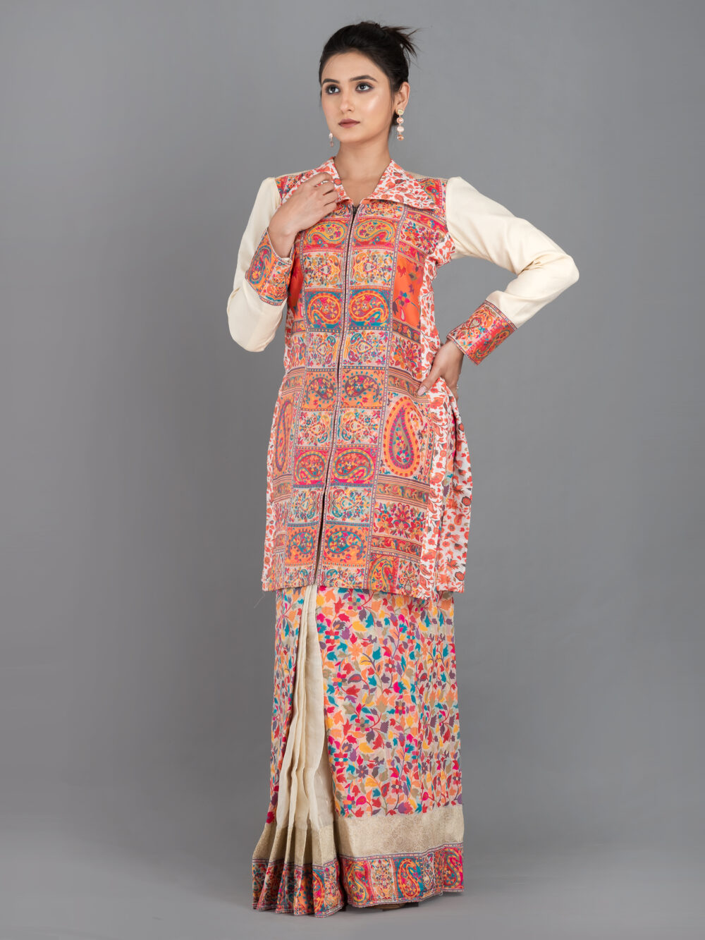 Off-White Chanderi Weave Fusion Skirt Jacket Set - Image 3
