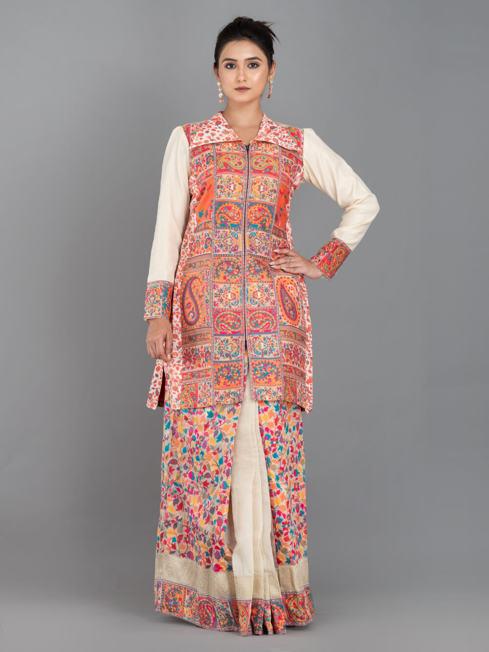 Off-White Chanderi Weave Fusion Skirt Jacket Set