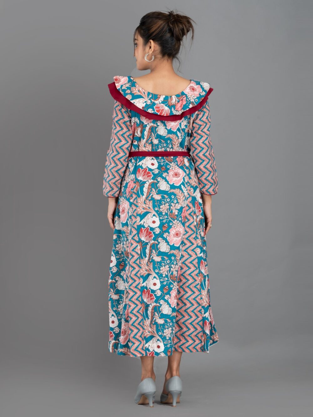 ZigFlora Charm – Maroon & Emerald Indo-Western Cotton Fusion Dress - Image 8