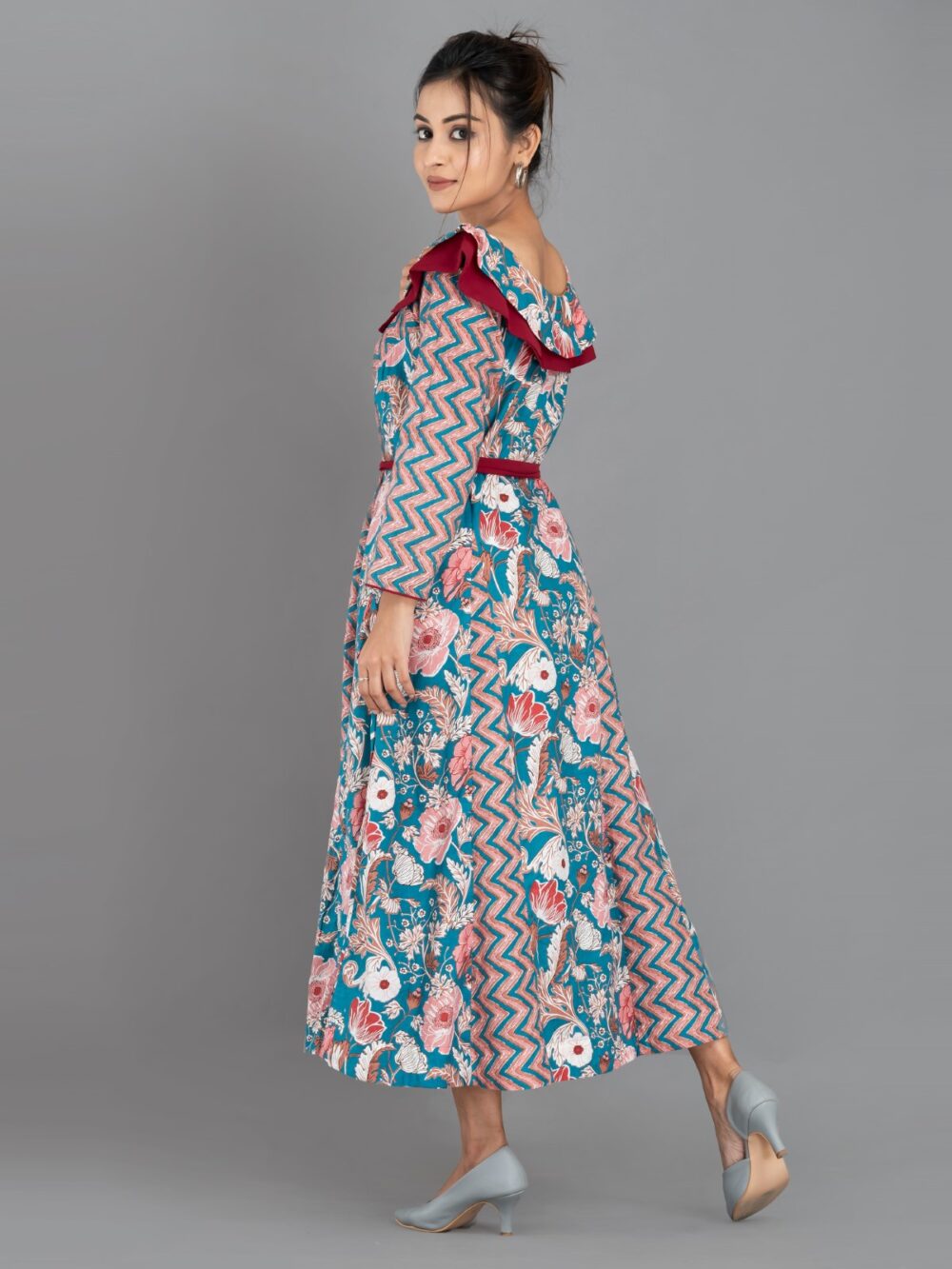 ZigFlora Charm – Maroon & Emerald Indo-Western Cotton Fusion Dress - Image 7