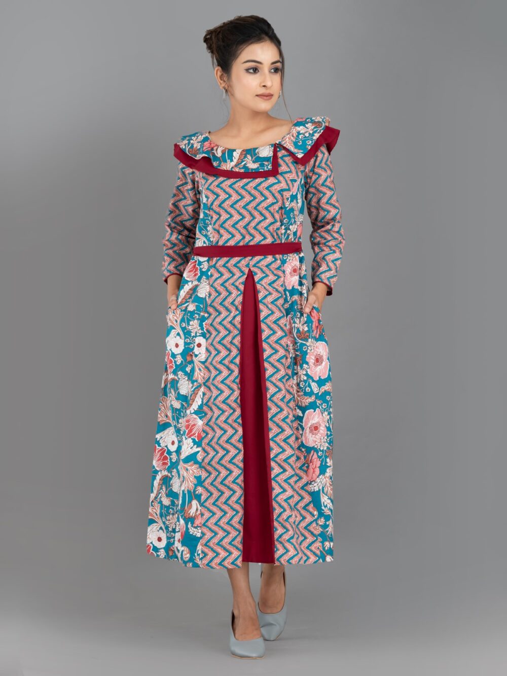 ZigFlora Charm – Maroon & Emerald Indo-Western Cotton Fusion Dress
