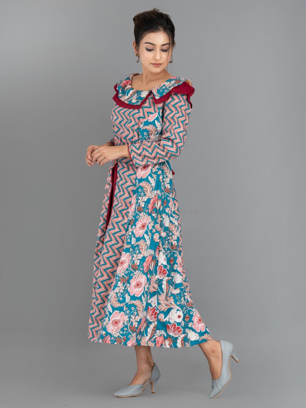ZigFlora Charm – Maroon & Emerald Indo-Western Cotton Fusion Dress - Image 6