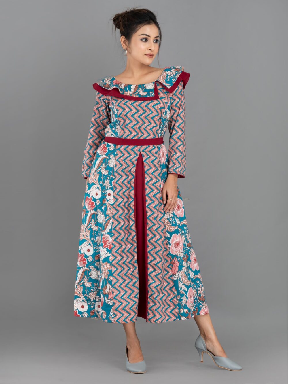 ZigFlora Charm – Maroon & Emerald Indo-Western Cotton Fusion Dress - Image 4