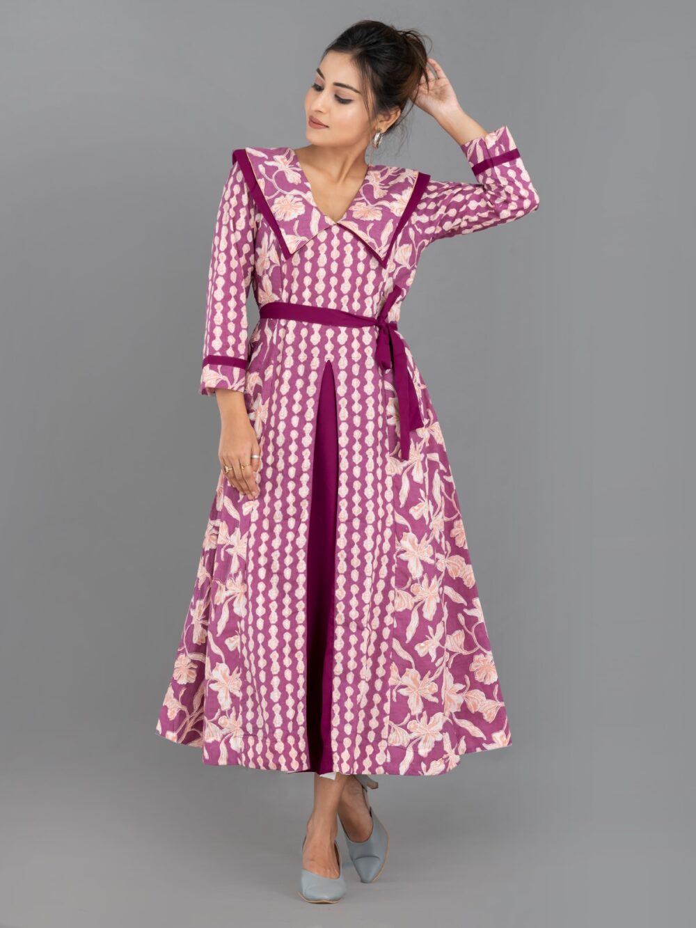 Lavender Breeze – Indo-Western Cotton Fusion Dress with Pockets - Image 4