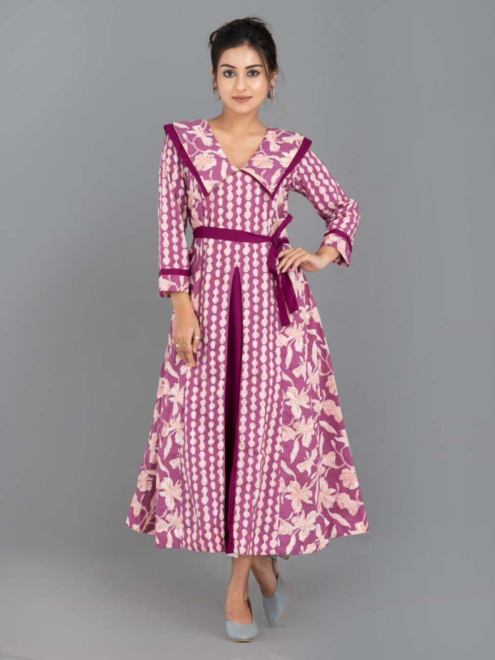 Lavender Breeze – Indo-Western Cotton Fusion Dress with Pockets